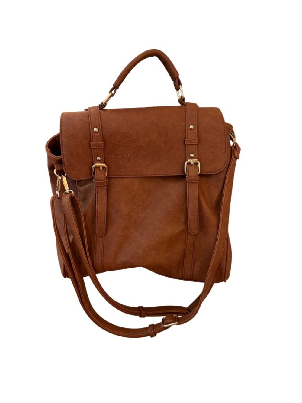 MMS Brown Faux Leather Satchel Backpack Convertible Crossbody Bag